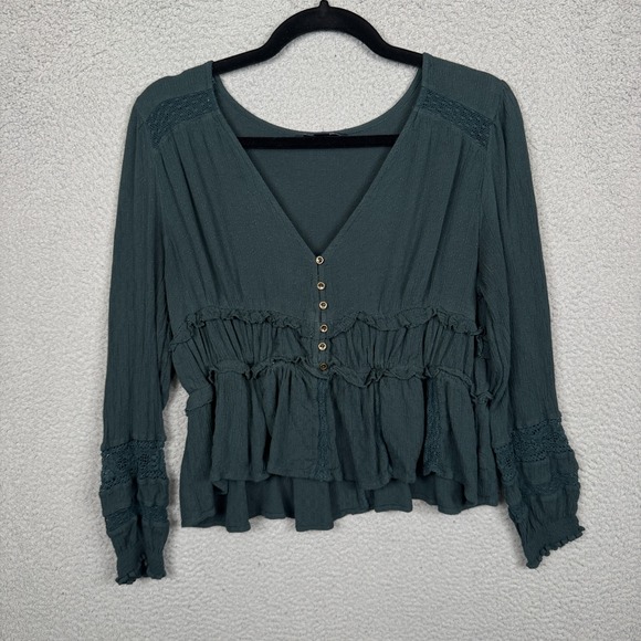 American Eagle Top Womens M Dark Green Peplum Blouse Babydoll Preppy Lace - Picture 3 of 11